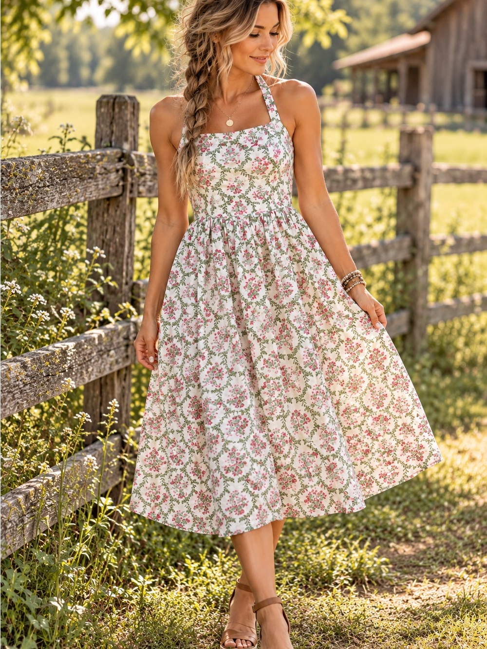 Band of the free Sleeveless halter Floral Midi Dress in White and Pink